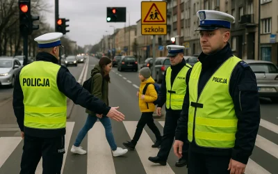 Policjanci kontrolujący bezpieczeństwo pieszych na przejściu