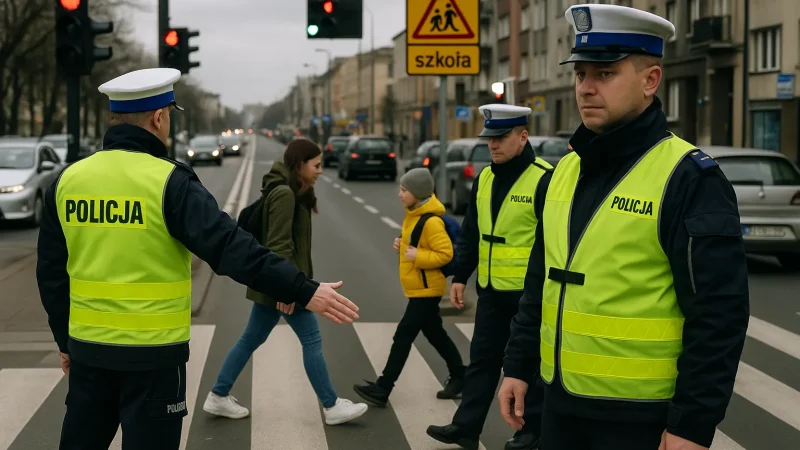 Policjanci kontrolujący bezpieczeństwo pieszych na przejściu
