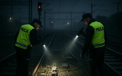 Policjanci patrolujący tory kolejowe nocą