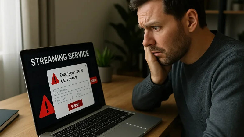 Osoba patrząca na fałszywą stronę phishingową na laptopie