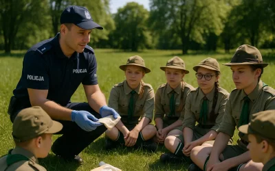 Policjant szkolący harcerzy z pierwszej pomocy na łące