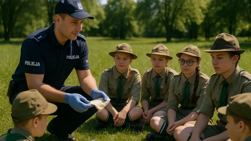 Policjant szkolący harcerzy z pierwszej pomocy na łące