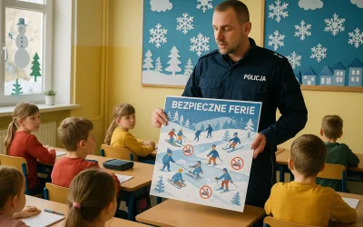 Policjant prowadzący prelekcję o bezpieczeństwie w szkole