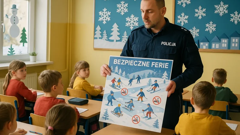 Policjant prowadzący prelekcję o bezpieczeństwie w szkole