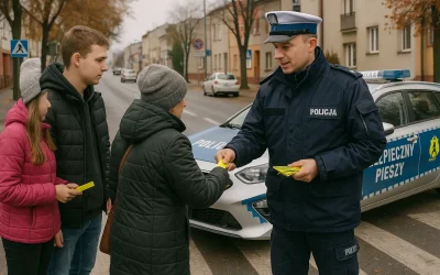 Policjant wręczający opaski odblaskowe pieszym przy przejściu