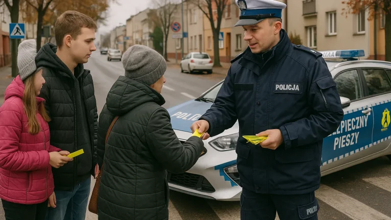 Policjant wręczający opaski odblaskowe pieszym przy przejściu