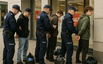 Policjanci zatrzymujący złodziei w centrum handlowym