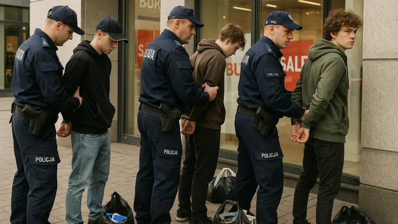 Policjanci zatrzymujący złodziei w centrum handlowym