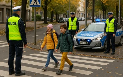 Policjanci w kamizelkach przy przejściu dla pieszych z dziećmi