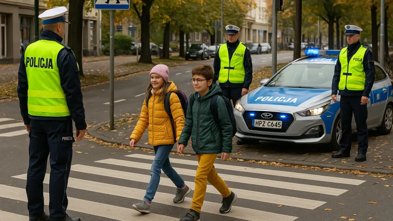 Policjanci w kamizelkach przy przejściu dla pieszych z dziećmi
