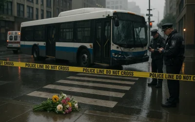 Miejsce wypadku autobusu przy przejściu dla pieszych