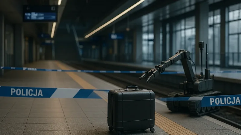 Podejrzana walizka na peronie dworca kolejowego