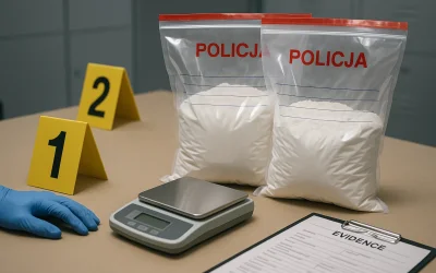 Zabezpieczone narkotyki jako dowody rzeczowe na stole policyjnym