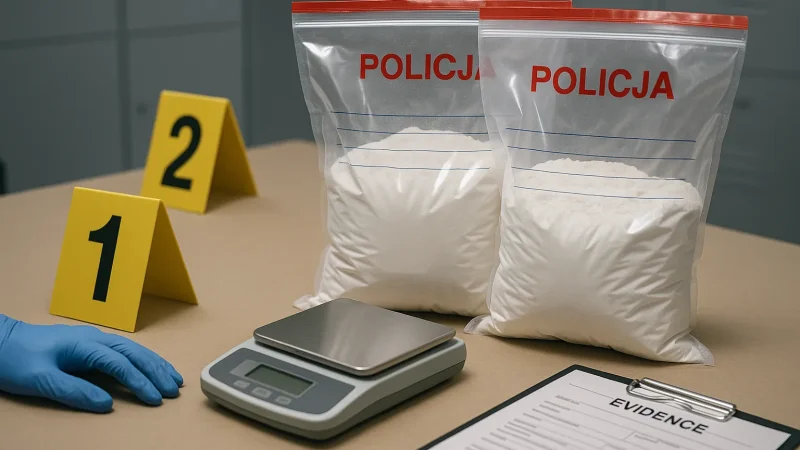 Zabezpieczone narkotyki jako dowody rzeczowe na stole policyjnym
