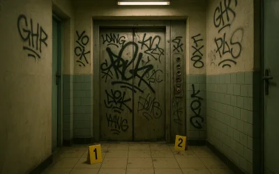 Zdewastowana winda w bloku mieszkalnym