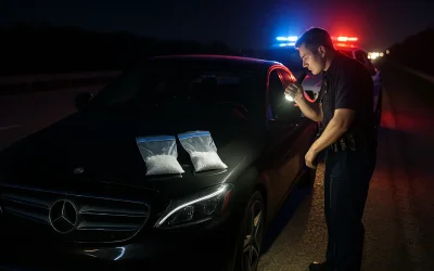 Policjant kontrolujący mercedesa z narkotykami nocą