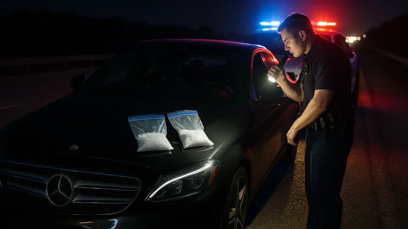 Policjant kontrolujący mercedesa z narkotykami nocą