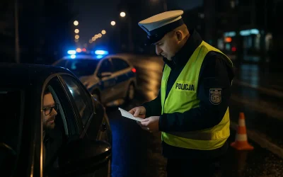 Policjant kontrolujący dokumenty kierowcy na nocnym punkcie kontrolnym