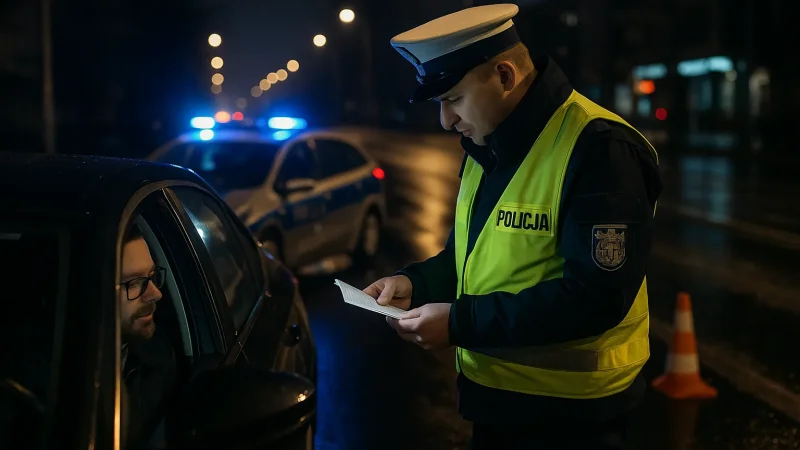 Policjant kontrolujący dokumenty kierowcy na nocnym punkcie kontrolnym