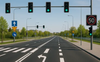 Nowoczesna droga miejska z nowymi znakami i oznakowaniem