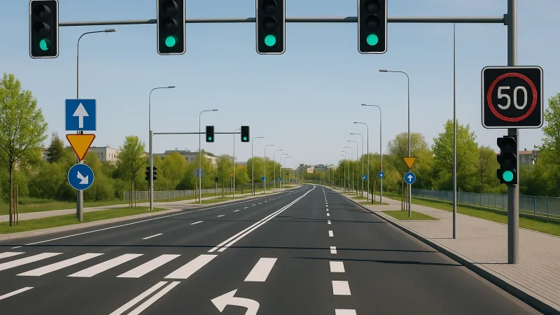 Nowoczesna droga miejska z nowymi znakami i oznakowaniem