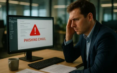 Pracownik biurowy przy komputerze analizujący podejrzaną wiadomość email - oszustwa BEC