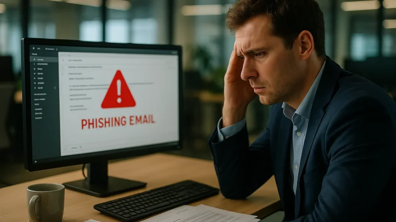 Pracownik biurowy przy komputerze analizujący podejrzaną wiadomość email - oszustwa BEC