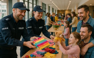 Policjanci pomagający na akcji charytatywnej dla dzieci