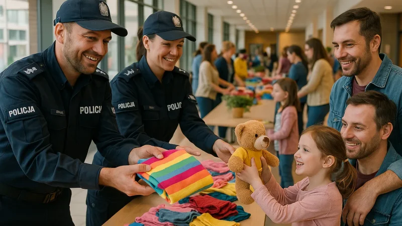Policjanci pomagający na akcji charytatywnej dla dzieci