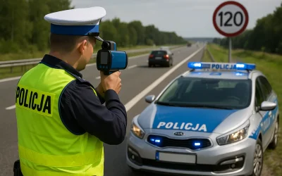 Policjant z radarem kontrolujący prędkość na drodze