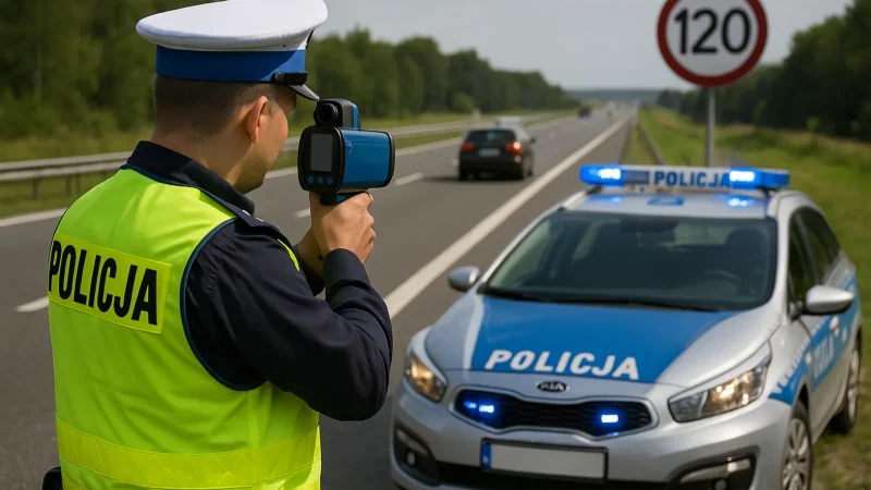 Policjant z radarem kontrolujący prędkość na drodze