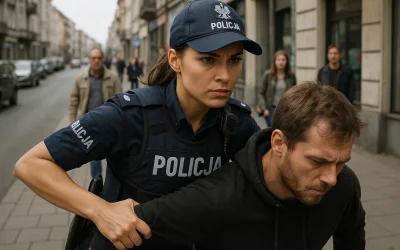 Policjantka zatrzymująca podejrzanego na ulicy miasta