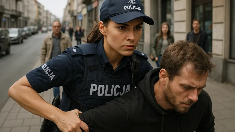 Policjantka zatrzymująca podejrzanego na ulicy miasta