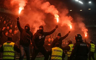 Race i dym na trybunach stadionu piłkarskiego