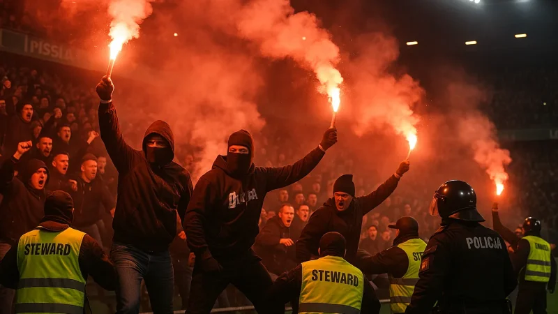 Race i dym na trybunach stadionu piłkarskiego