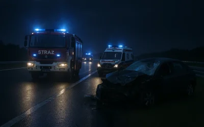 Służby ratunkowe na miejscu wypadku na ekspresówce nocą