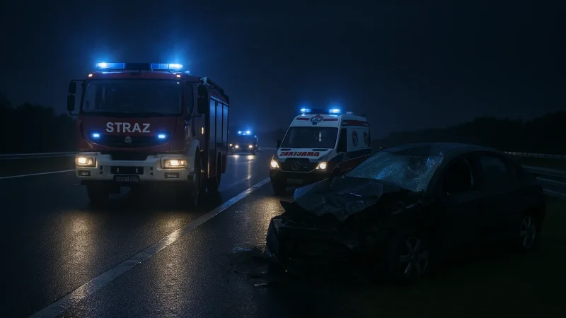 Służby ratunkowe na miejscu wypadku na ekspresówce nocą