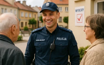 Dzielnicowy rozmawiający z mieszkańcami osiedla