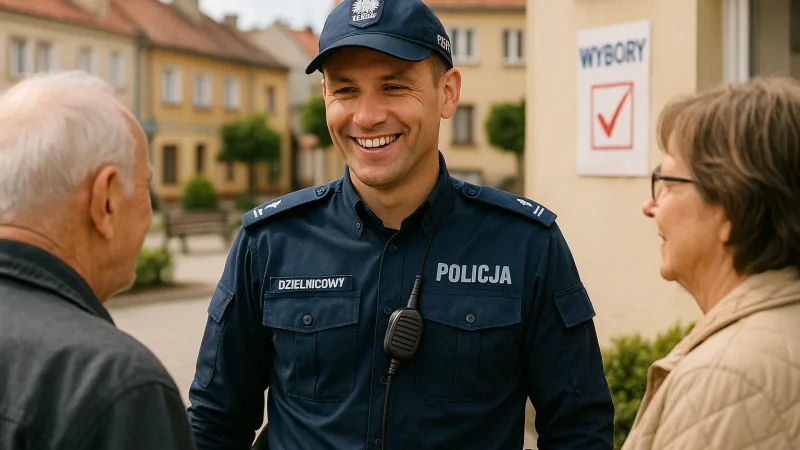 Dzielnicowy rozmawiający z mieszkańcami osiedla