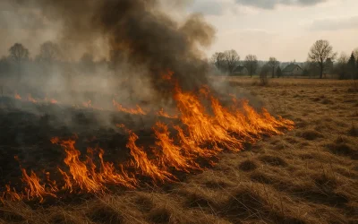 Płonąca sucha trawa na polu - nielegalne wypalanie traw