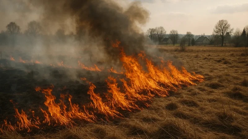 Płonąca sucha trawa na polu - nielegalne wypalanie traw