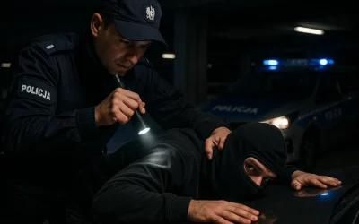 Policjant zatrzymujący włamywacza do samochodów na parkingu