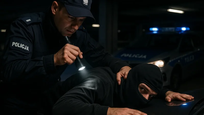 Policjant zatrzymujący włamywacza do samochodów na parkingu