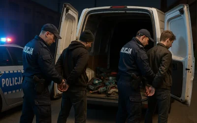 Policjanci zatrzymujący złodziei elektronarzędzi nocą