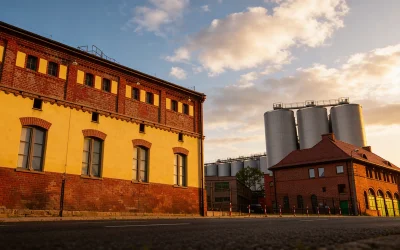 Browary Tyskie w Tychach - zabytkowy kompleks browarniczy z wieżą i ceglaną warzelnią