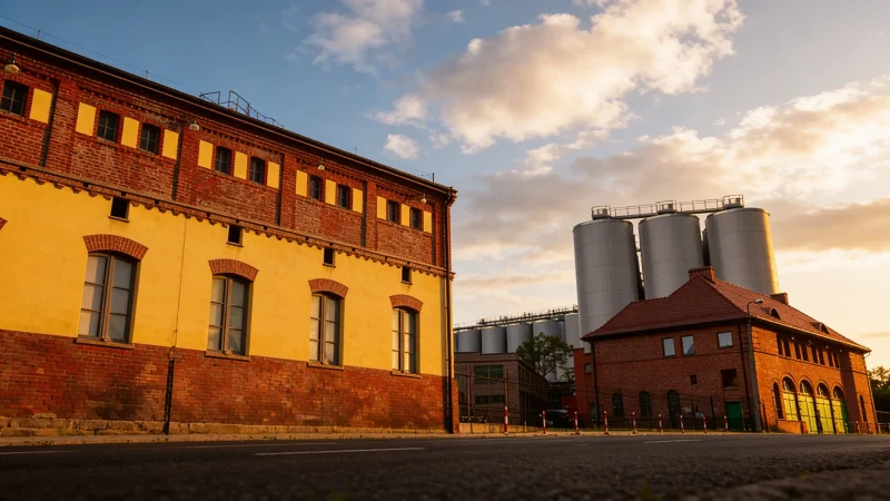 Browary Tyskie w Tychach - zabytkowy kompleks browarniczy z wieżą i ceglaną warzelnią