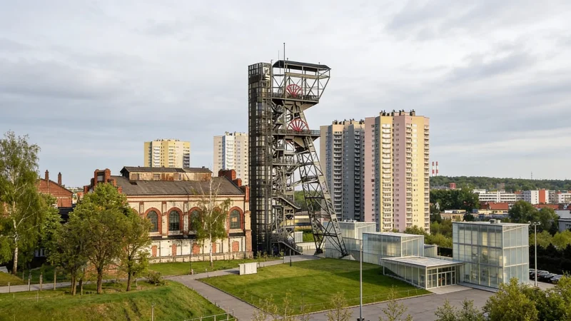 Muzeum Śląskie w Katowicach - wieża szybowa dawnej kopalni i szklane pawilony wejściowe muzeum