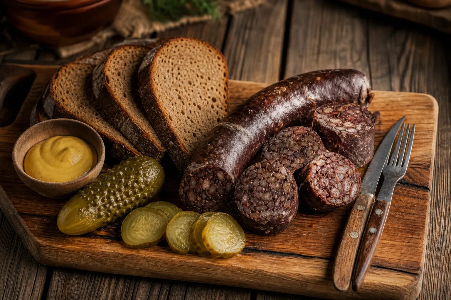 Krupniok podany na śląskim stole z chlebem i dodatkami