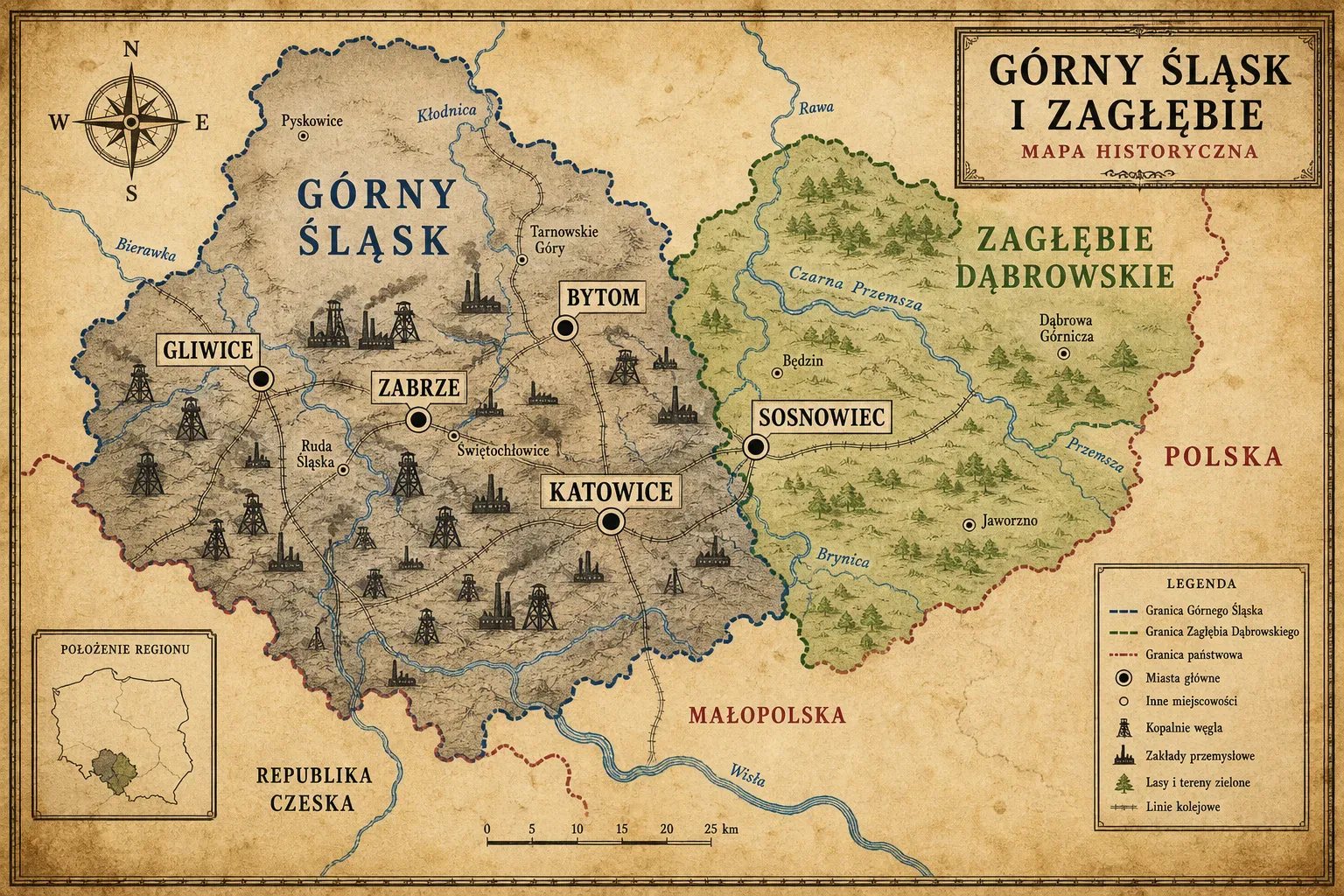 mapa Górny Śląsk Zagłębie Dąbrowskie granica Brynica