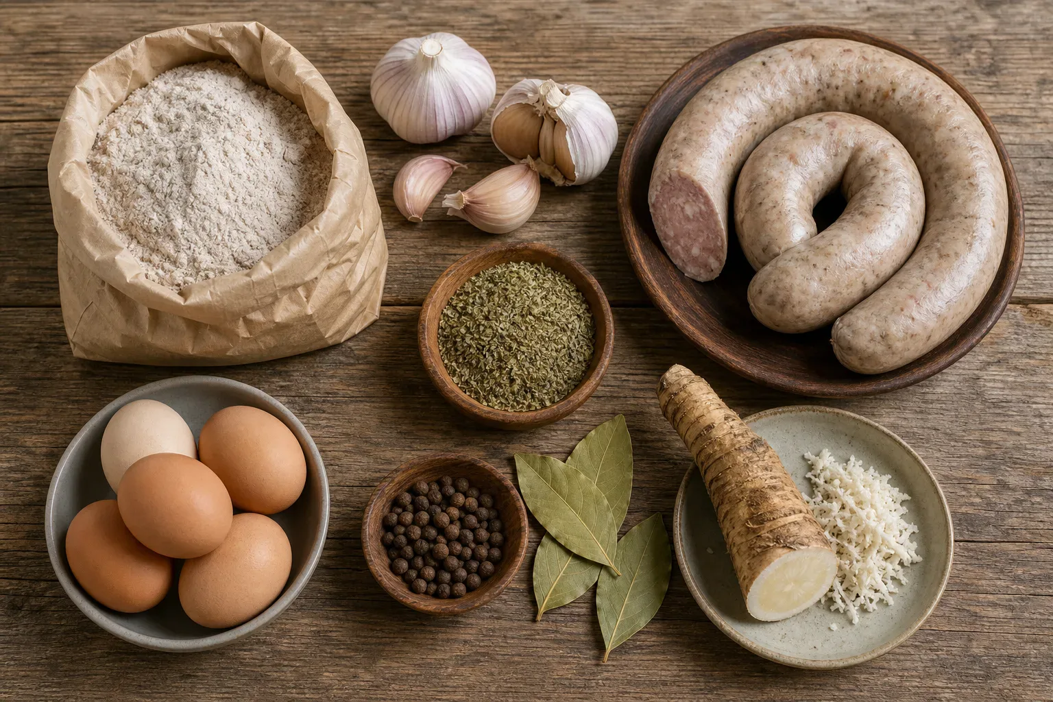 Składniki na żur śląski — biała kiełbasa, jajka, ziemniaki, chrzan